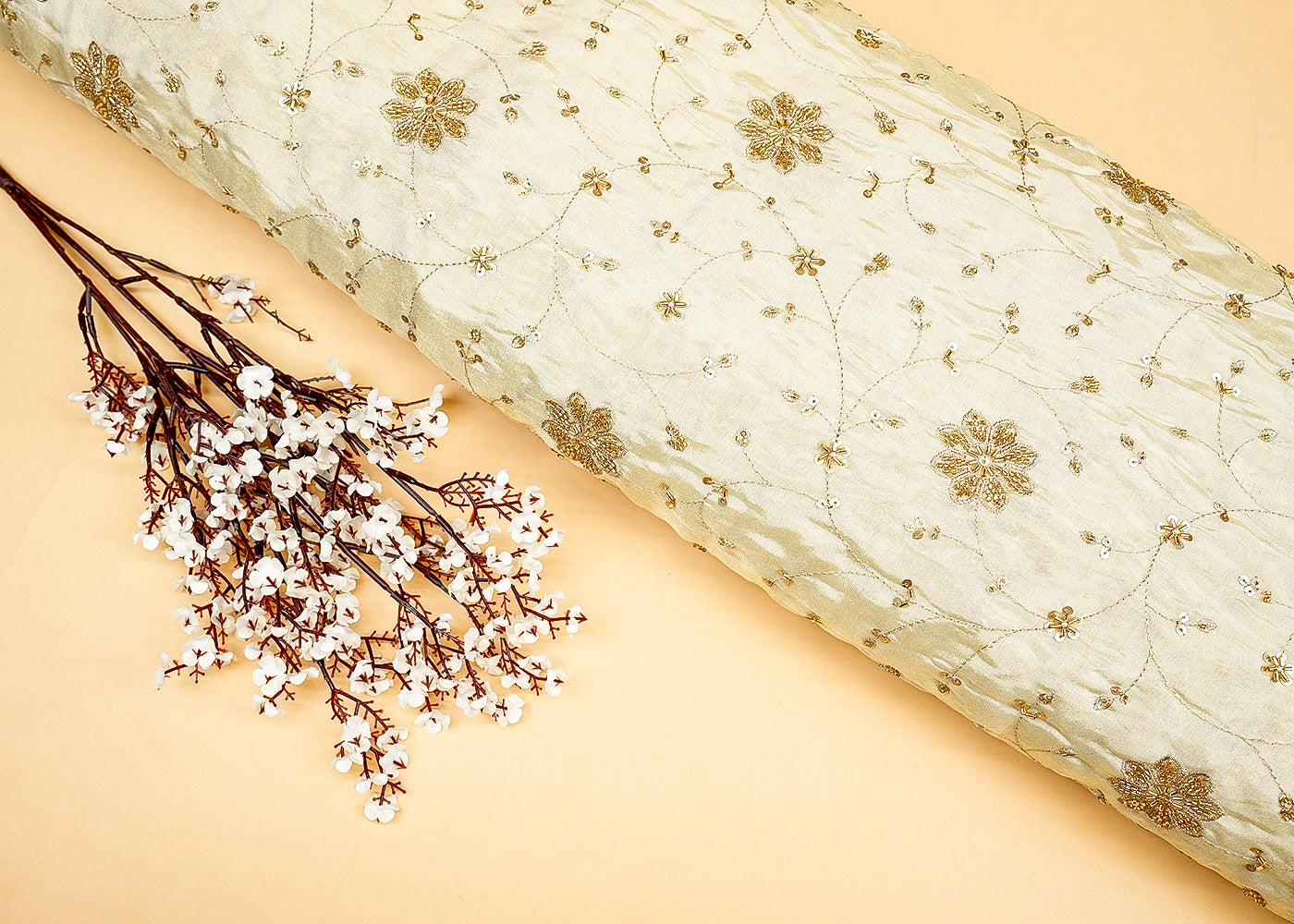 Floral Radiance Tissue Fabric with All-Over Zari, Sequins, Kutdana, Bead, and Pearl Work