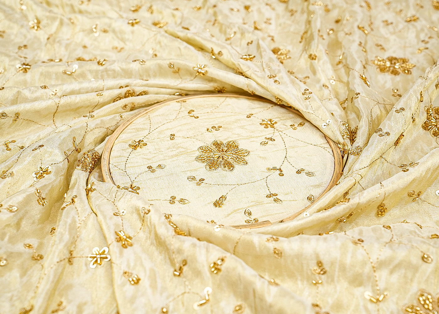 Floral Radiance Tissue Fabric with All-Over Zari, Sequins, Kutdana, Bead, and Pearl Work