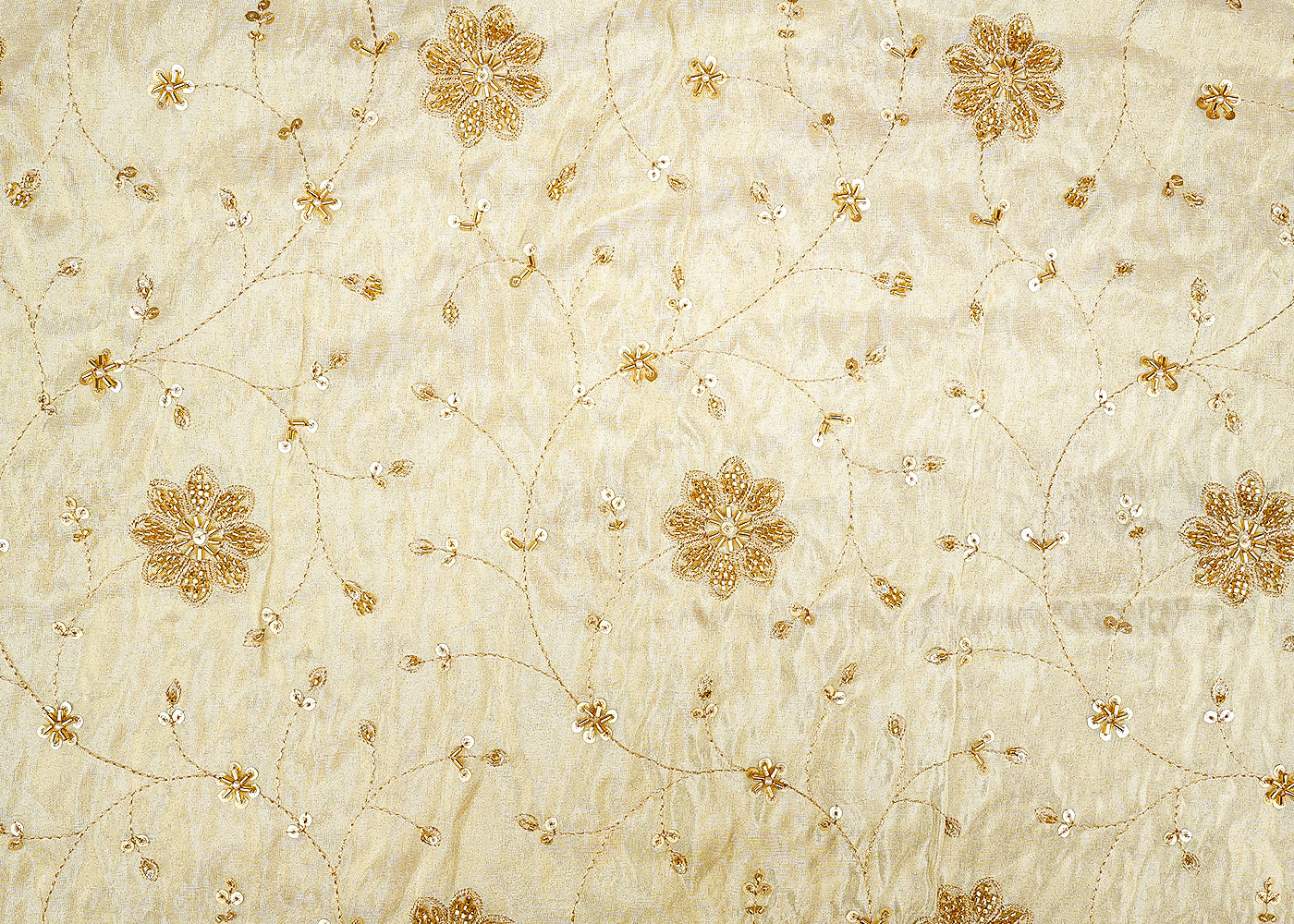 Floral Radiance Tissue Fabric with All-Over Zari, Sequins, Kutdana, Bead, and Pearl Work