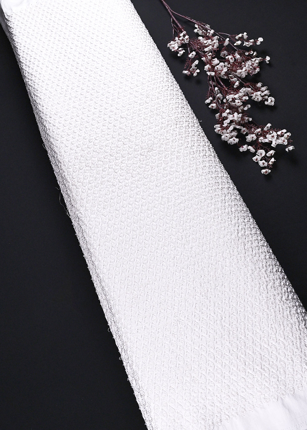 White Silk Dupion Fabric With All Over Pearl And Thread Work 11820