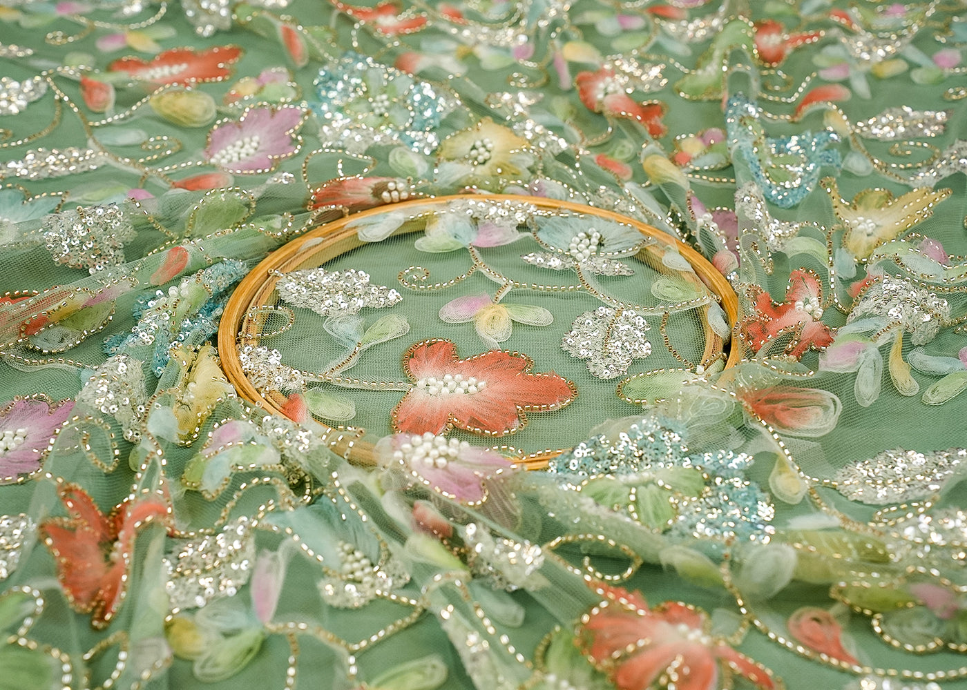 Mint Green Blossom Imported Net Fabric with Multicolor Applique, Kutdana, Bead, Pearl, Sequins Work