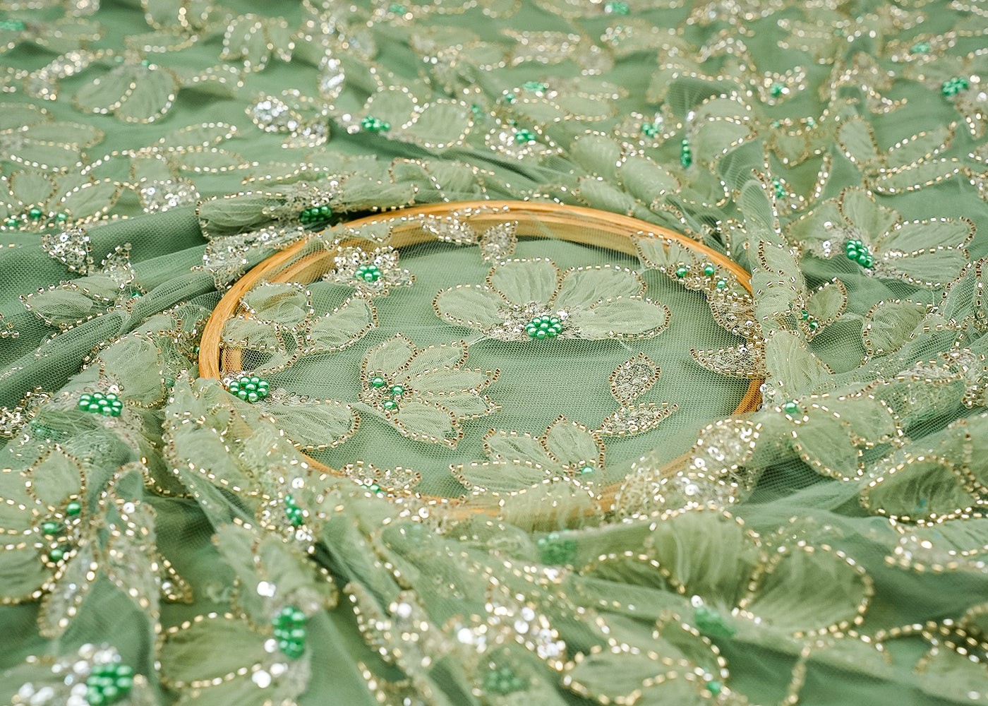 Mint Green Floral Imported Net Fabric with Applique, Kutdana, Bead, Pearl, Sequins Work