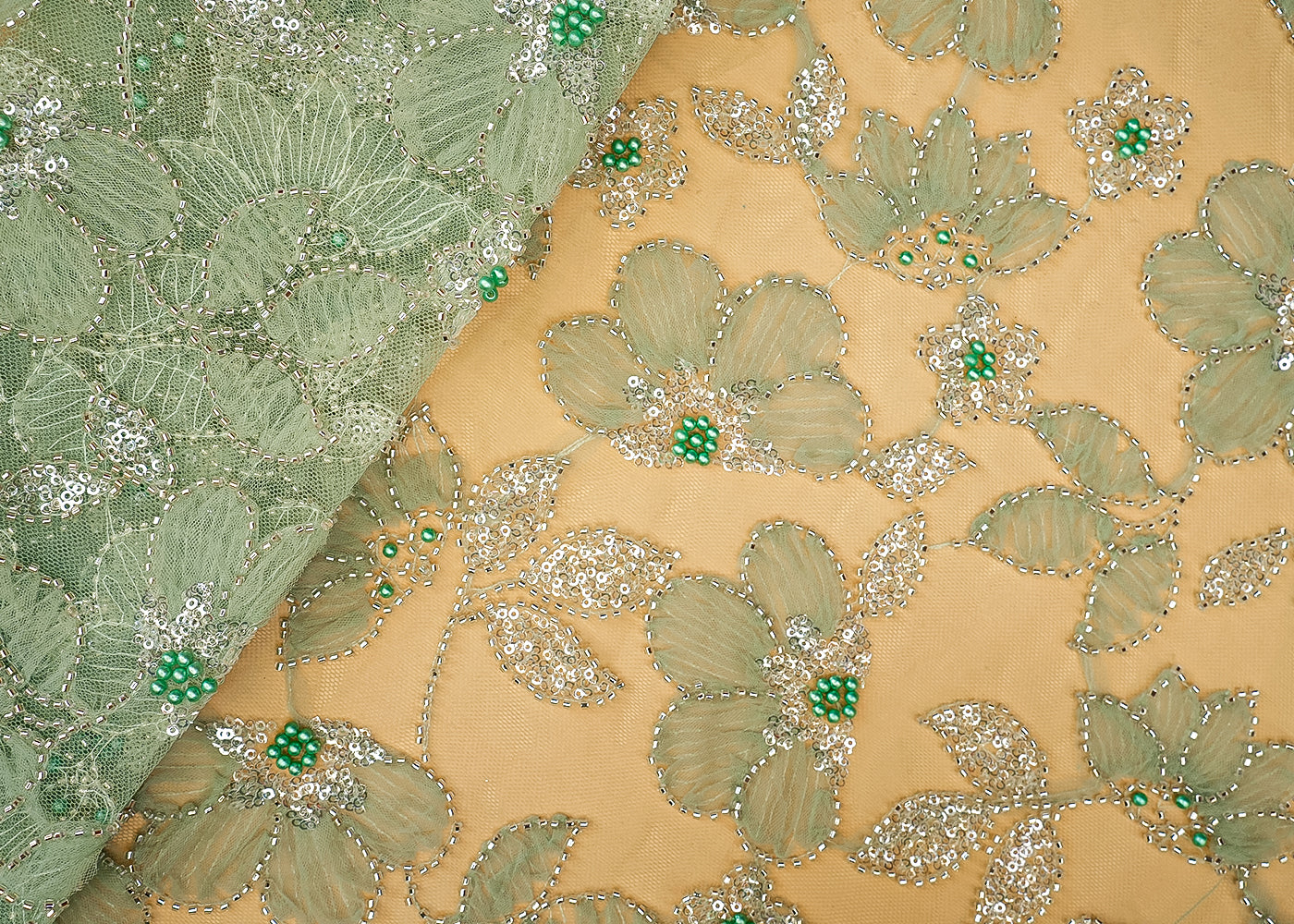 Mint Green Floral Imported Net Fabric with Applique, Kutdana, Bead, Pearl, Sequins Work