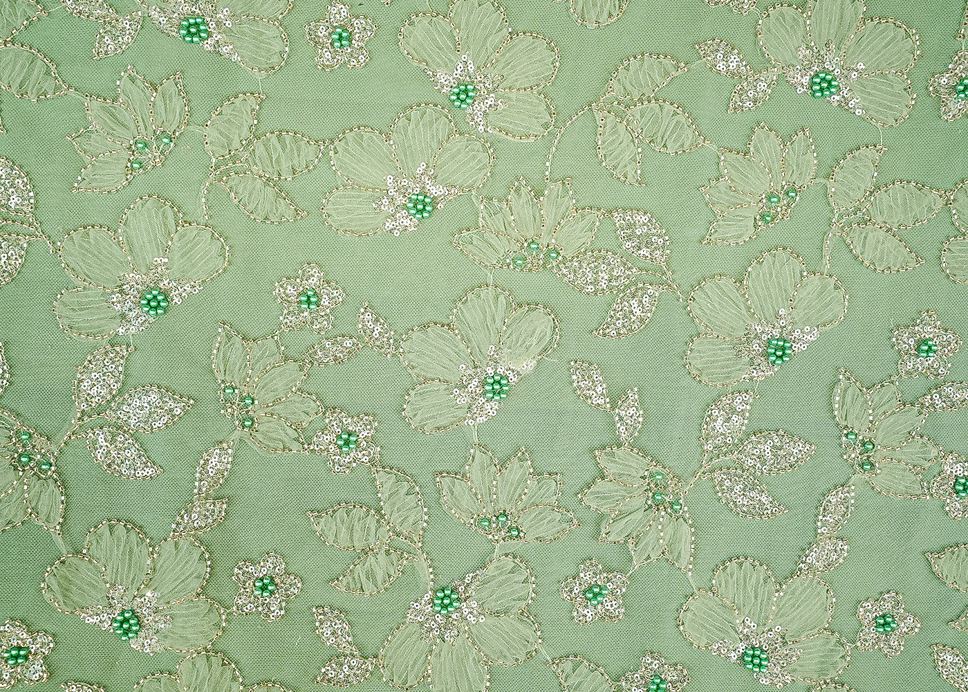 Mint Green Floral Imported Net Fabric with Applique, Kutdana, Bead, Pearl, Sequins Work