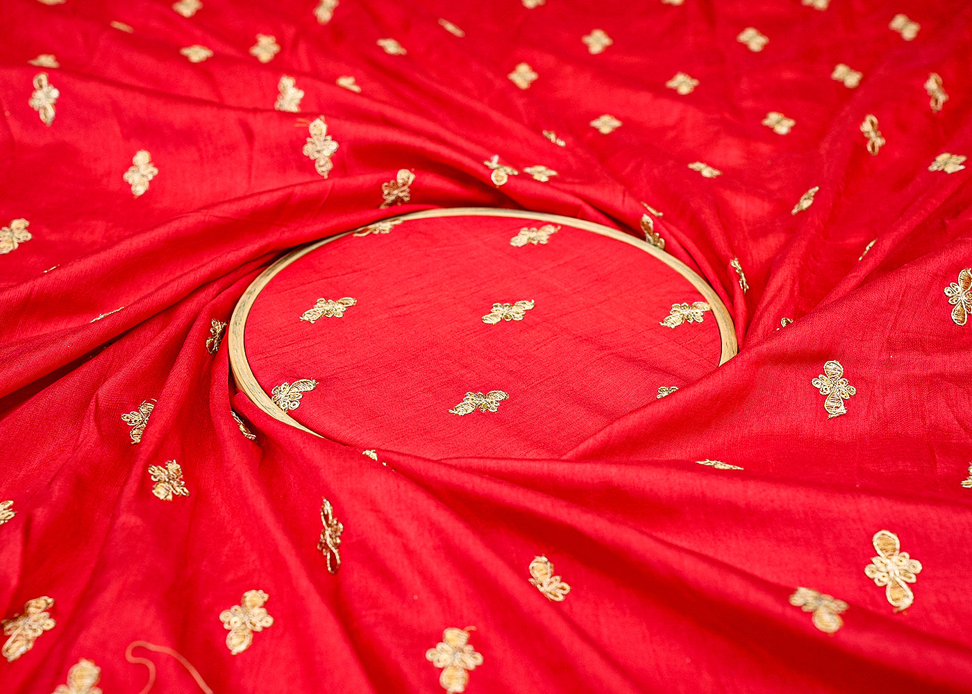 Red Radiance Dola Silk Fabric with All-Over Buti of Zari and Sequins