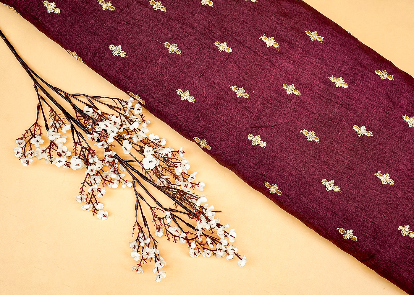 Wine Radiance Dola Silk Fabric with All-Over Buti of Zari and Sequins