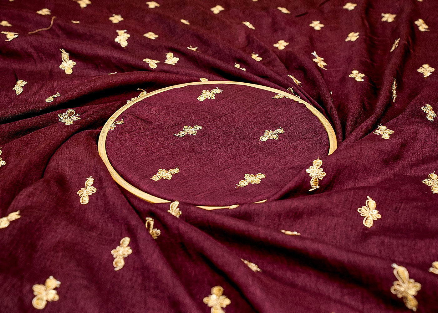 Wine Radiance Dola Silk Fabric with All-Over Buti of Zari and Sequins