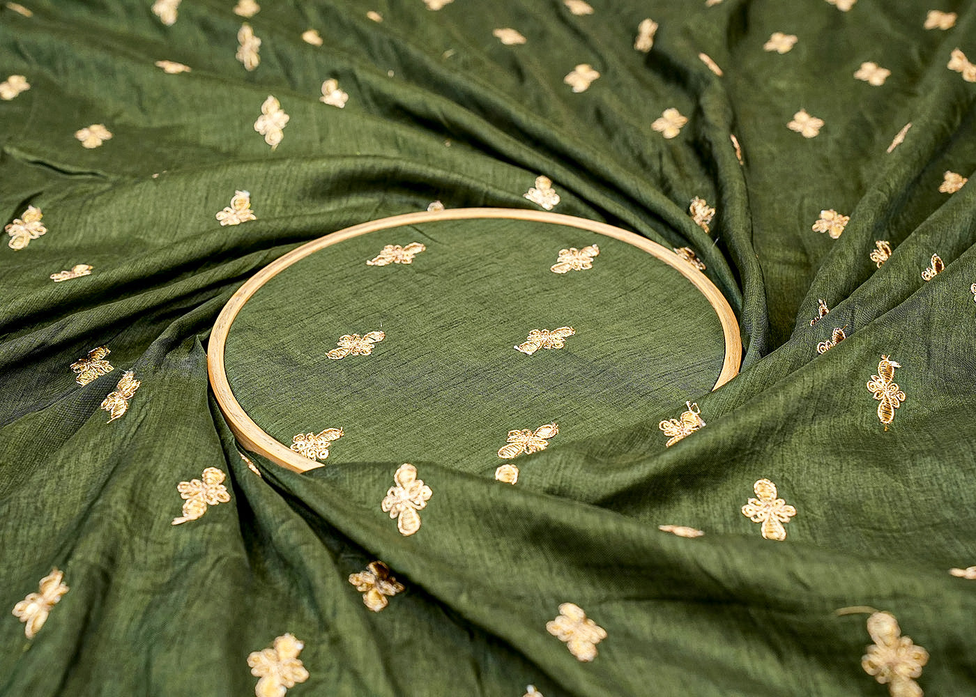 Dark Green Radiance Dola Silk Fabric with All-Over Buti of Zari and Sequins