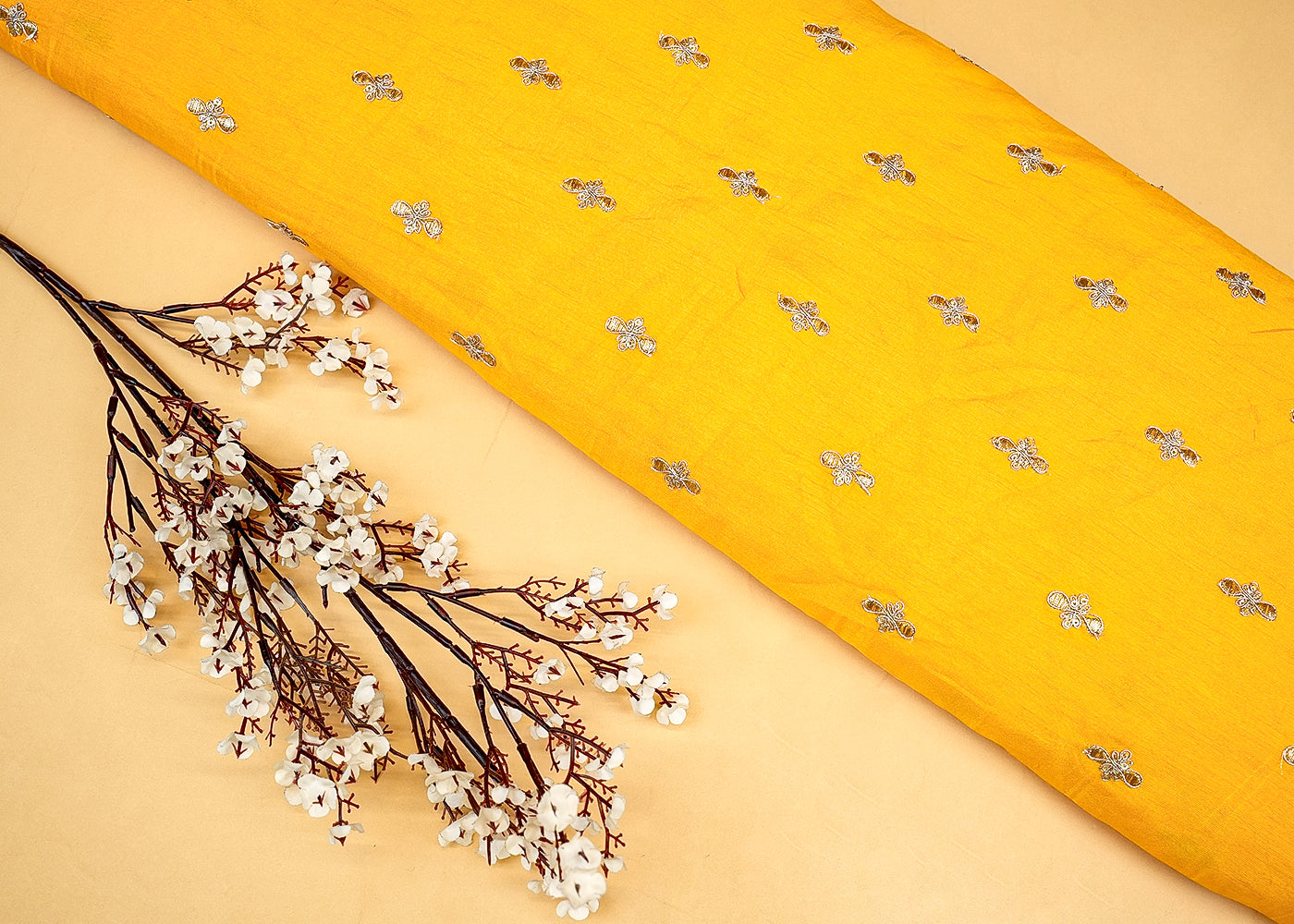 Yellow Radiance Dola Silk Fabric with All-Over Buti of Zari and Sequins