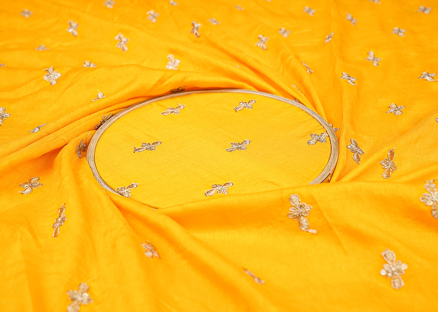 Yellow Radiance Dola Silk Fabric with All-Over Buti of Zari and Sequins