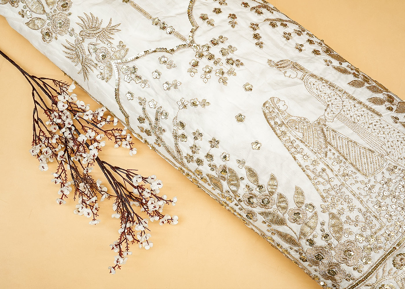 Dyeable Regal Bride-Groom Dola Silk with Traditional Motif of Golden Zari and Sequins Work