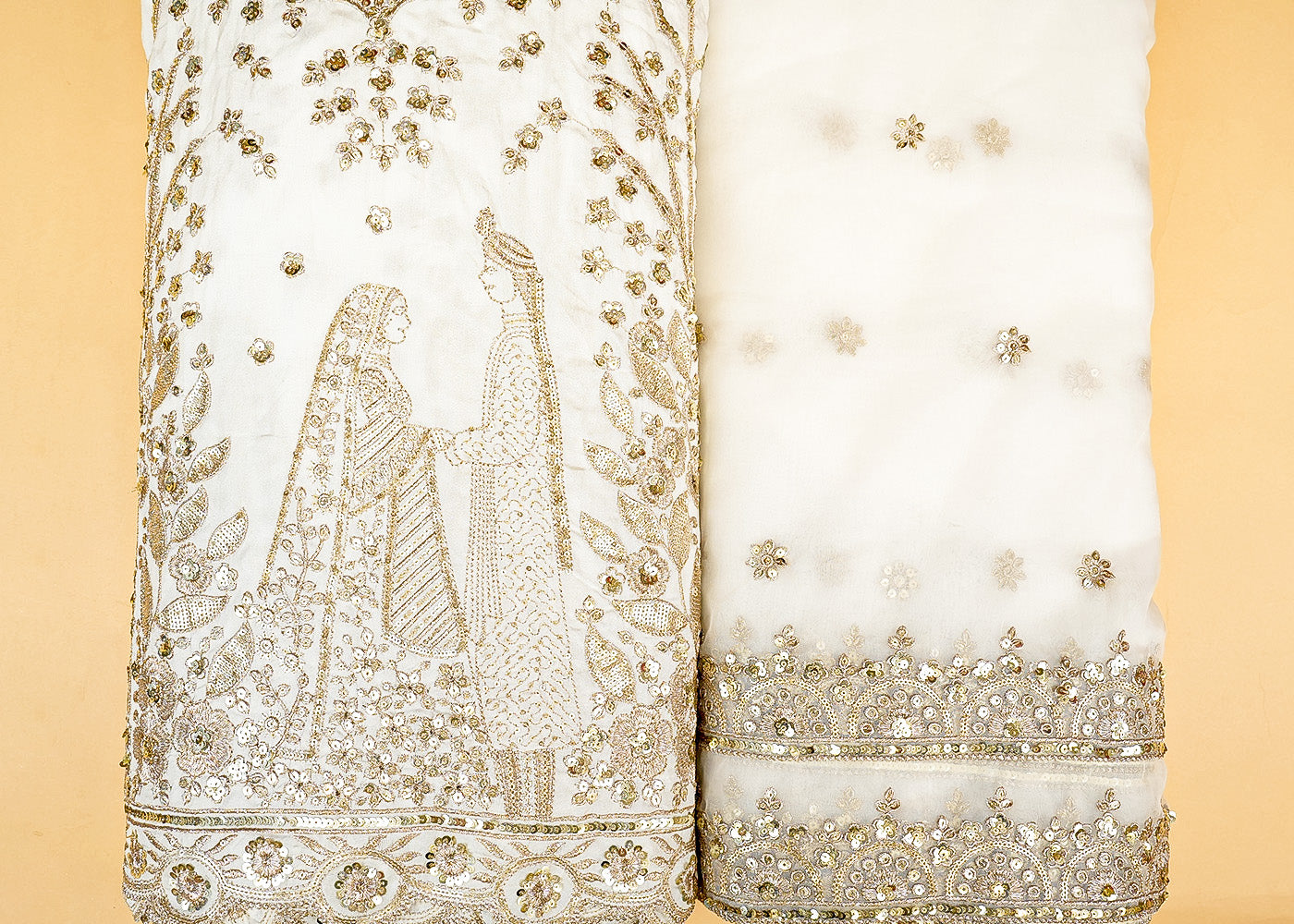 Dyeable Regal Bride-Groom Dola Silk with Traditional Motif of Golden Zari and Sequins Work