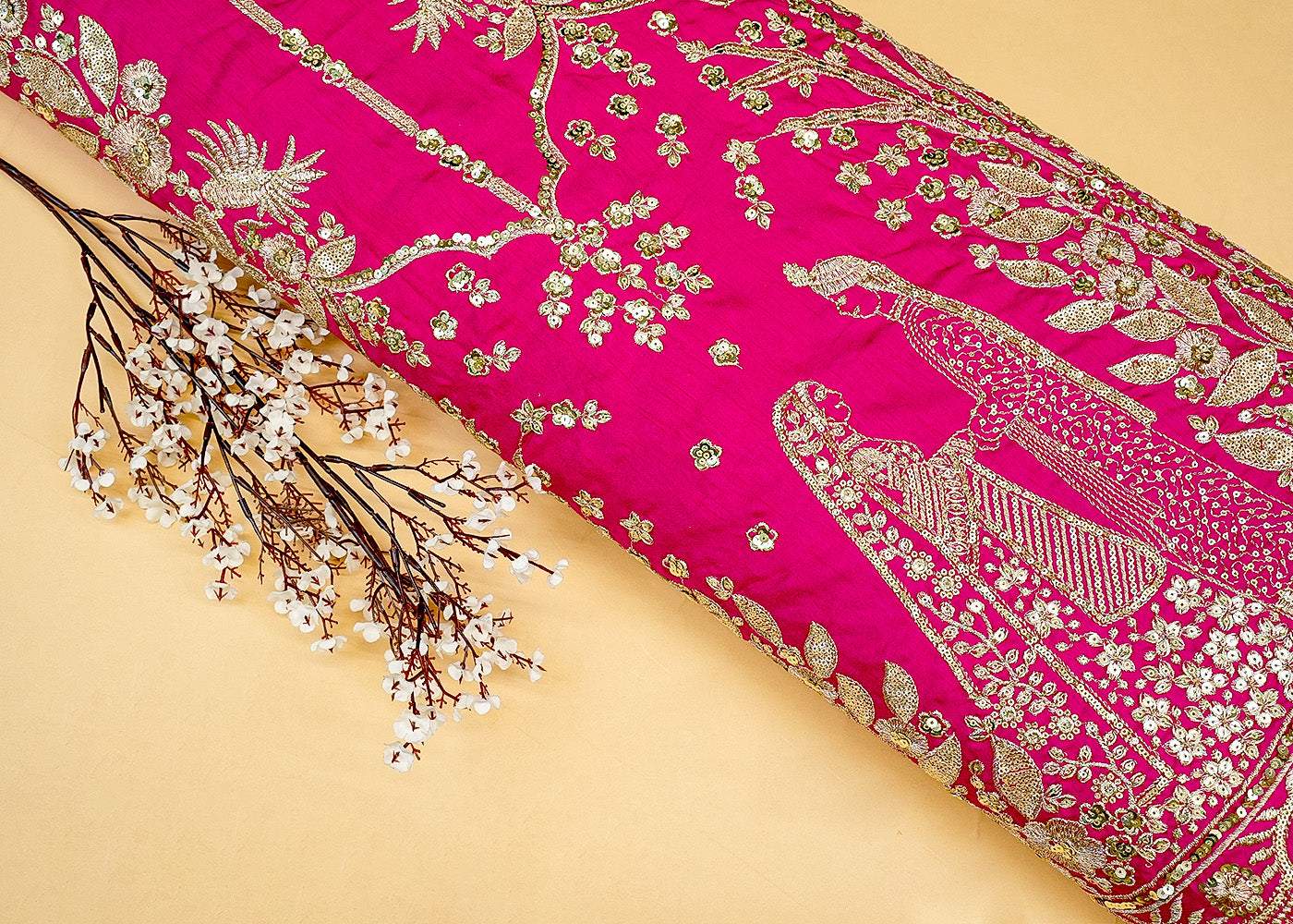 Magenta Regal Bride-Groom Dola Silk with Traditional Motif of Golden Zari and Sequins Work