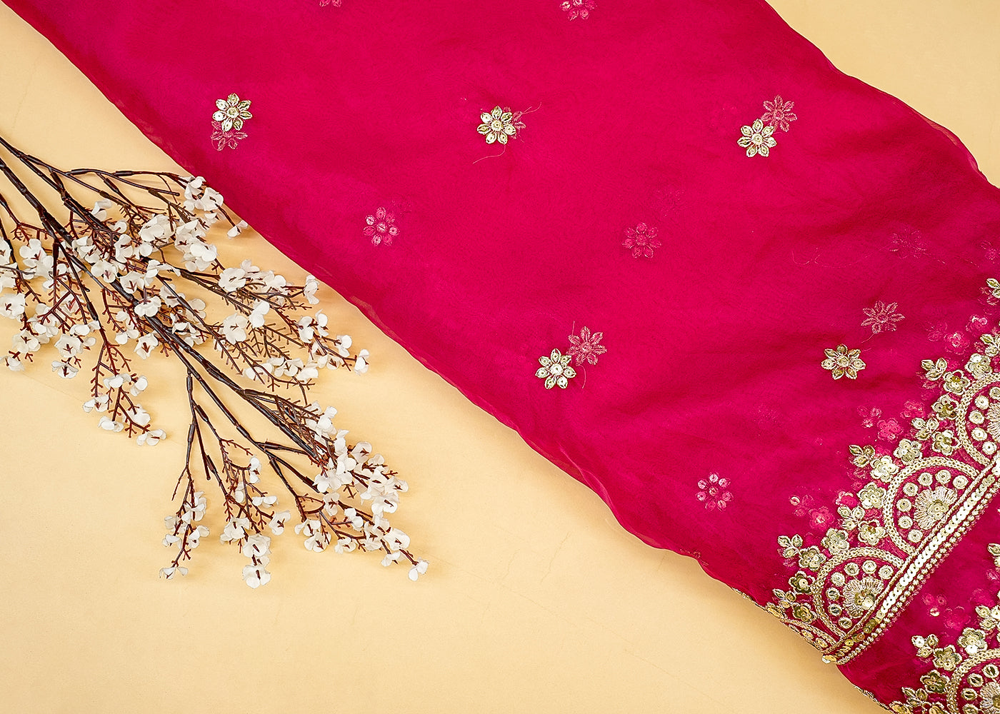 Rani Pink Elegance Organza Dupatta with All-Over Buti of Zari and Sequins, and Both-Side Border