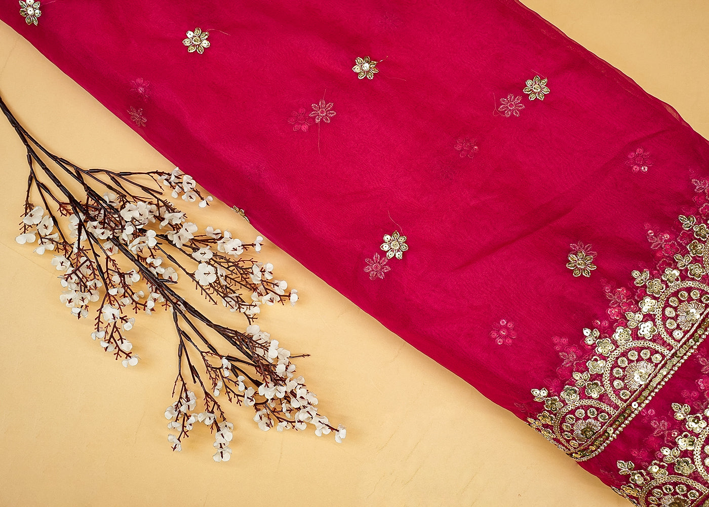 Magenta Elegance Organza Dupatta with All-Over Buti of Zari and Sequins, and Both-Side Border