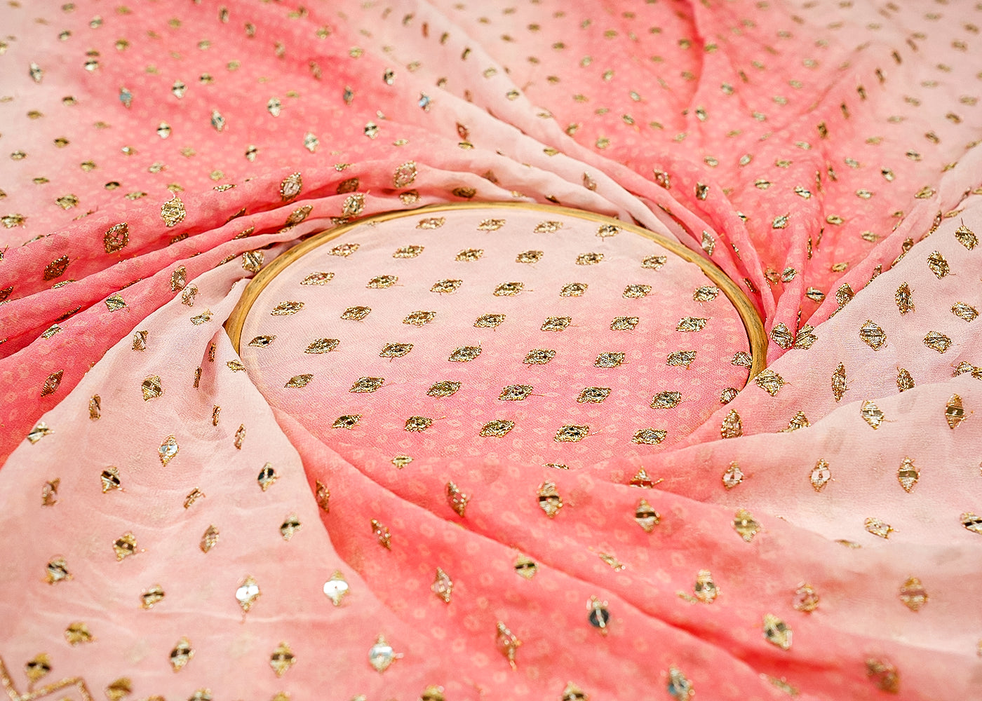 Peach-Pink Ombre Georgette Fabric with Zari and Faux Mirror Work, and Heavy Border