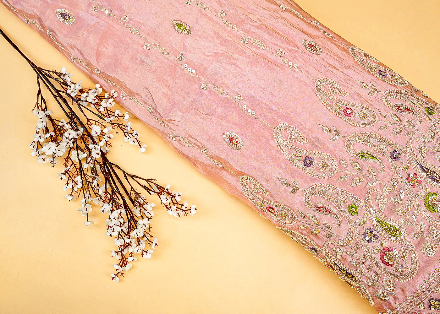 Light Pink Tissue Fabric with Zari, Multicolor Thread, Sequins, Bead, and Pearl Work