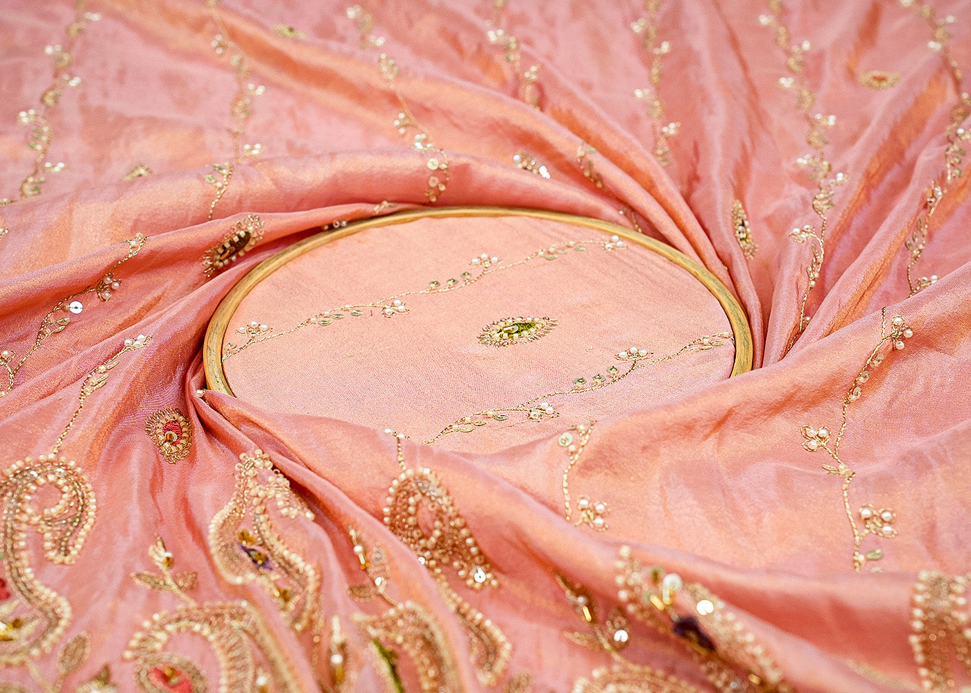 Light Pink Tissue Fabric with Zari, Multicolor Thread, Sequins, Bead, and Pearl Work