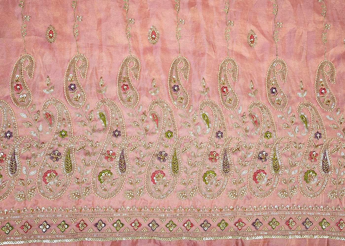 Light Pink Tissue Fabric with Zari, Multicolor Thread, Sequins, Bead, and Pearl Work