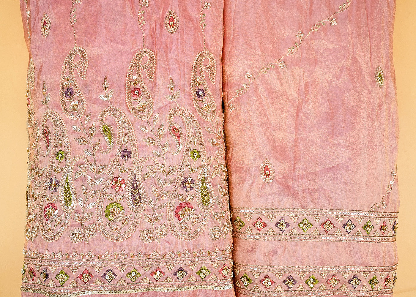 Light Pink Tissue Fabric with Zari, Multicolor Thread, Sequins, Bead, and Pearl Work