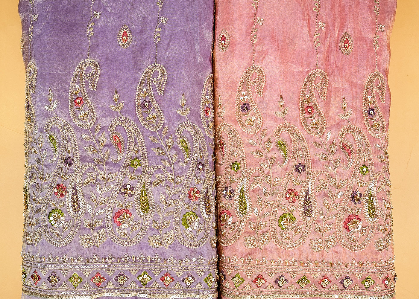 Light Pink Tissue Fabric with Zari, Multicolor Thread, Sequins, Bead, and Pearl Work