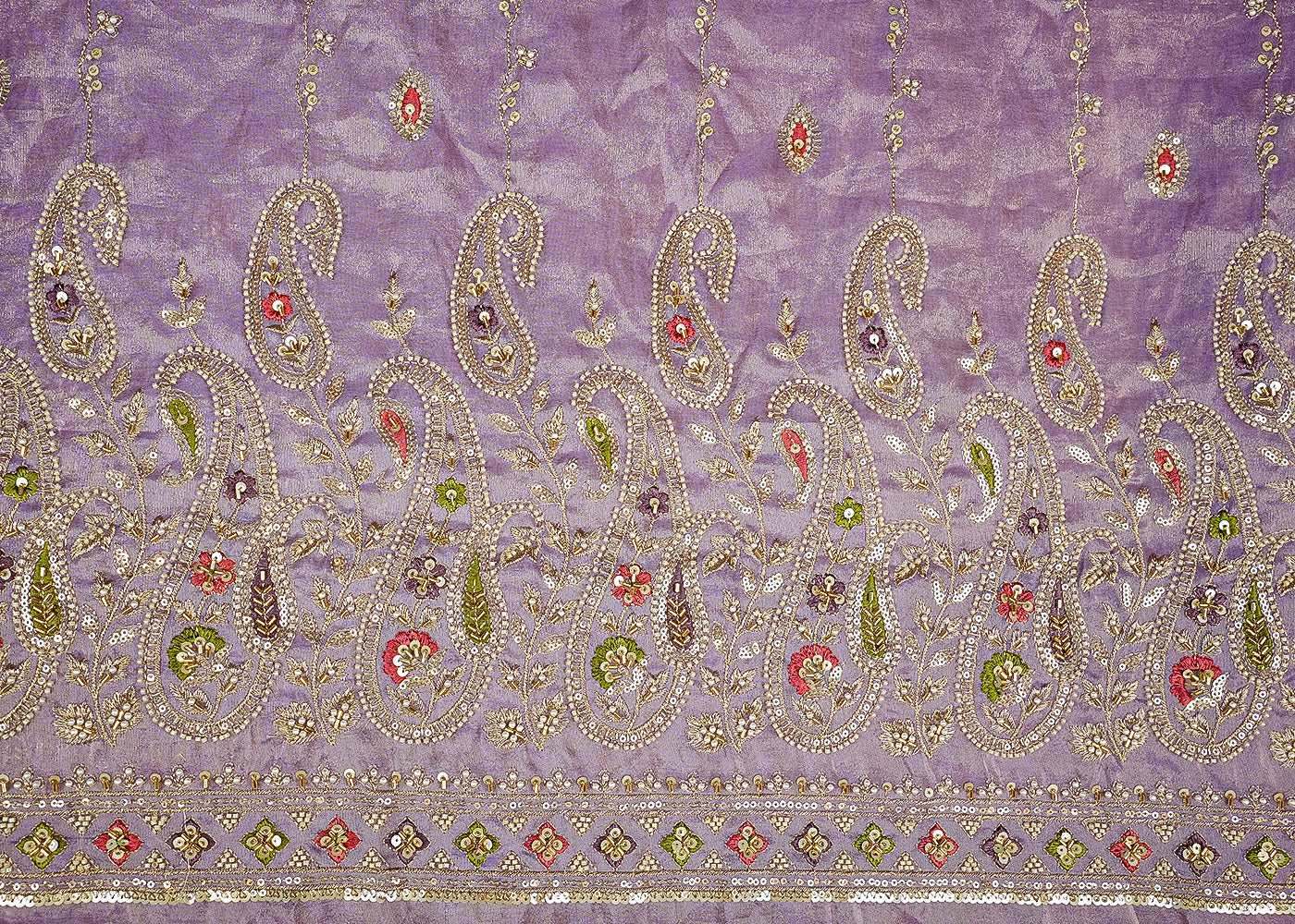 Lavender Tissue Fabric with Zari, Multicolor Thread, Sequins, Bead, and Pearl Work