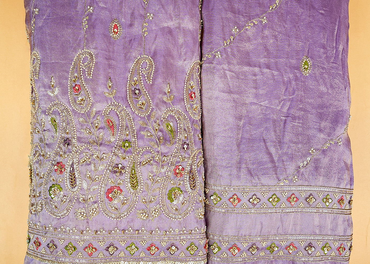 Lavender Tissue Fabric with Zari, Multicolor Thread, Sequins, Bead, and Pearl Work