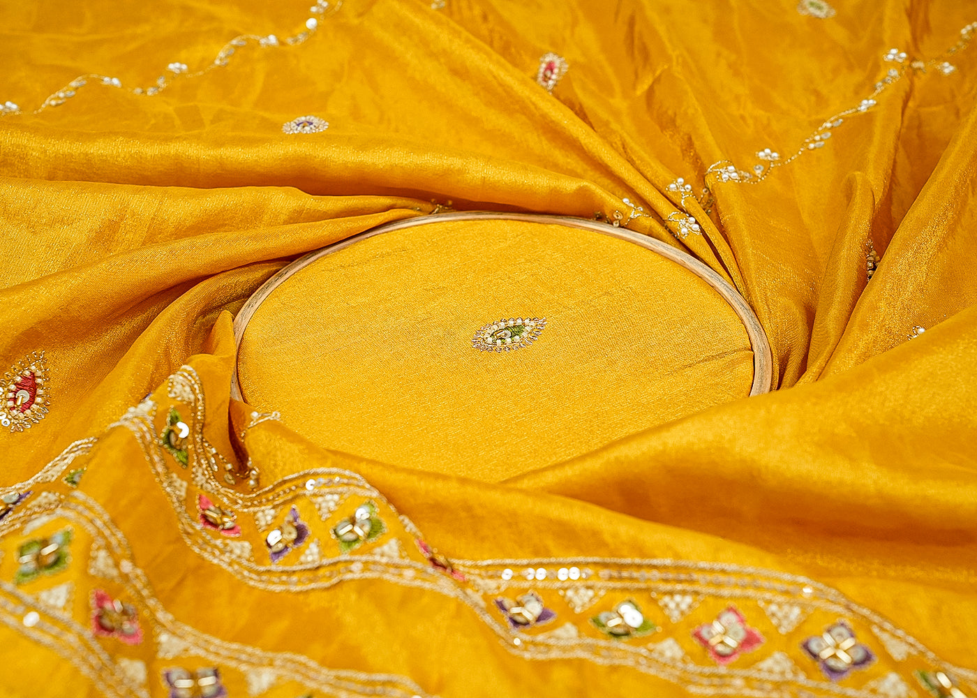 Mustard Opulent Tissue Dupatta with Zari, Multicolor Thread, Sequins, Bead, and Pearl Work