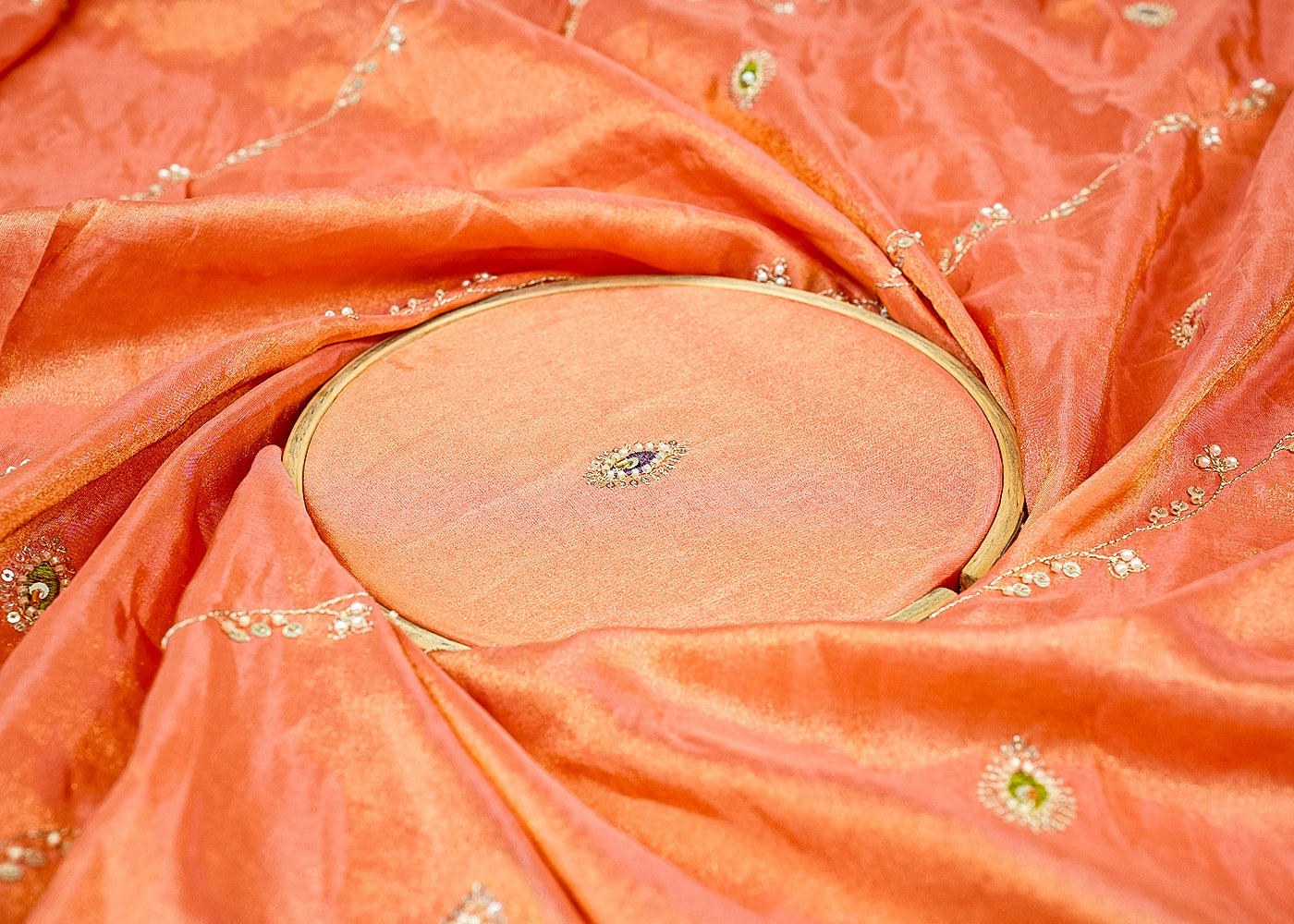 Peach Opulent Tissue Dupatta with Zari, Multicolor Thread, Sequins, Bead, and Pearl Work