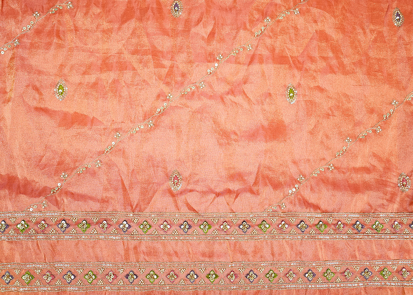 Peach Opulent Tissue Dupatta with Zari, Multicolor Thread, Sequins, Bead, and Pearl Work