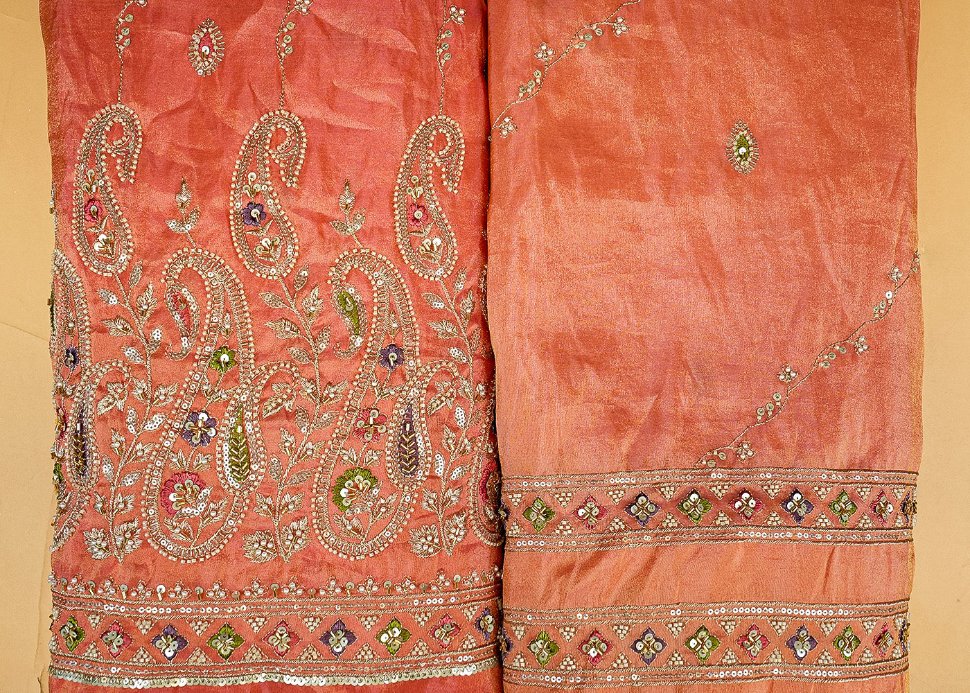 Peach Opulent Tissue Dupatta with Zari, Multicolor Thread, Sequins, Bead, and Pearl Work