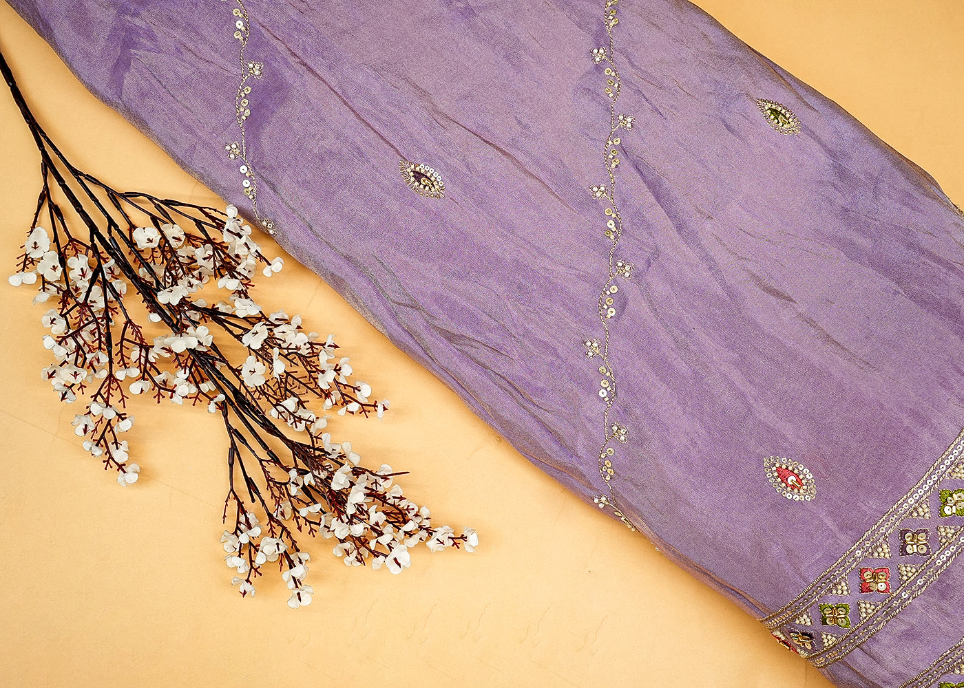 Lavender Opulent Tissue Dupatta with Zari, Multicolor Thread, Sequins, Bead, and Pearl Work