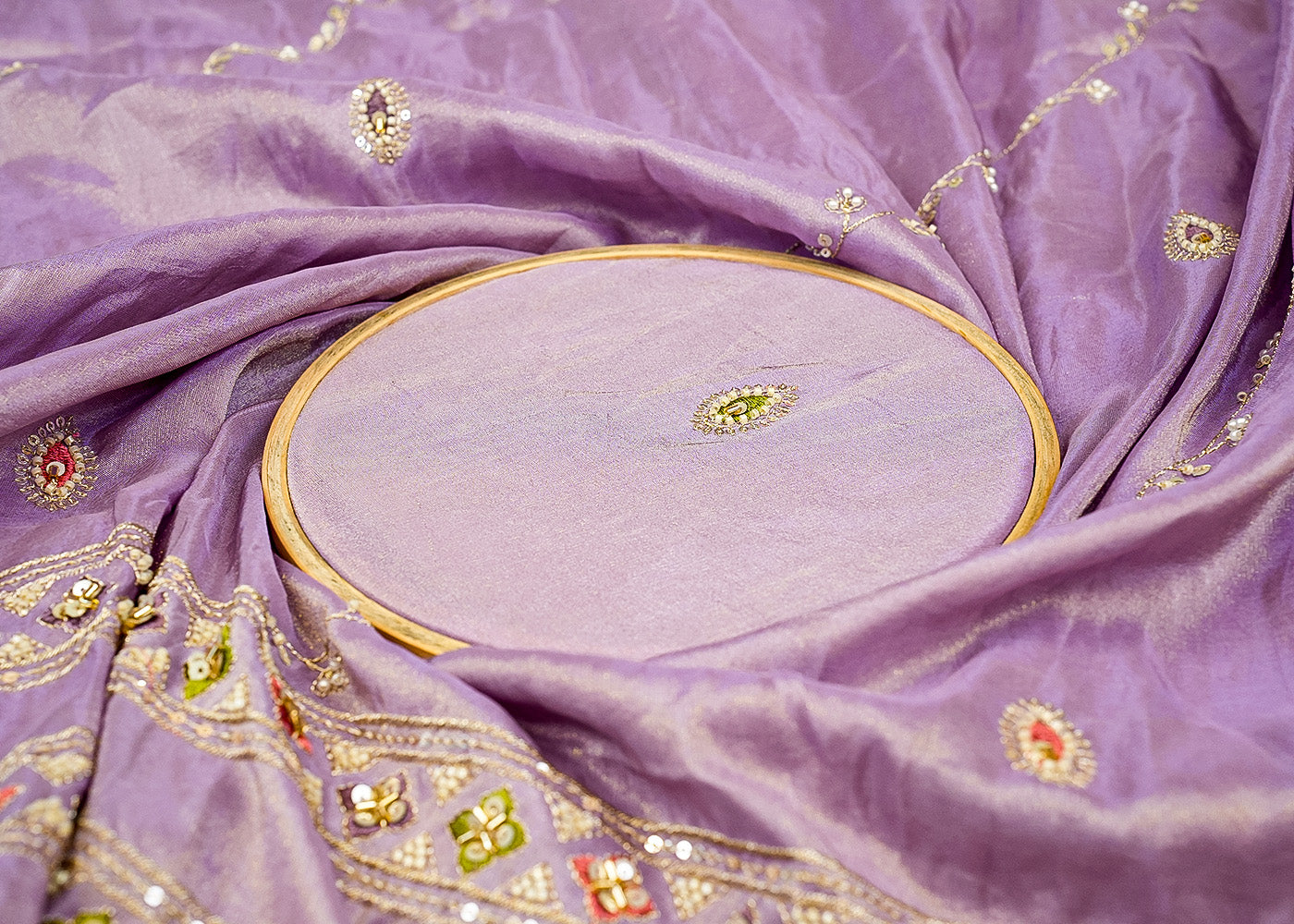 Lavender Opulent Tissue Dupatta with Zari, Multicolor Thread, Sequins, Bead, and Pearl Work