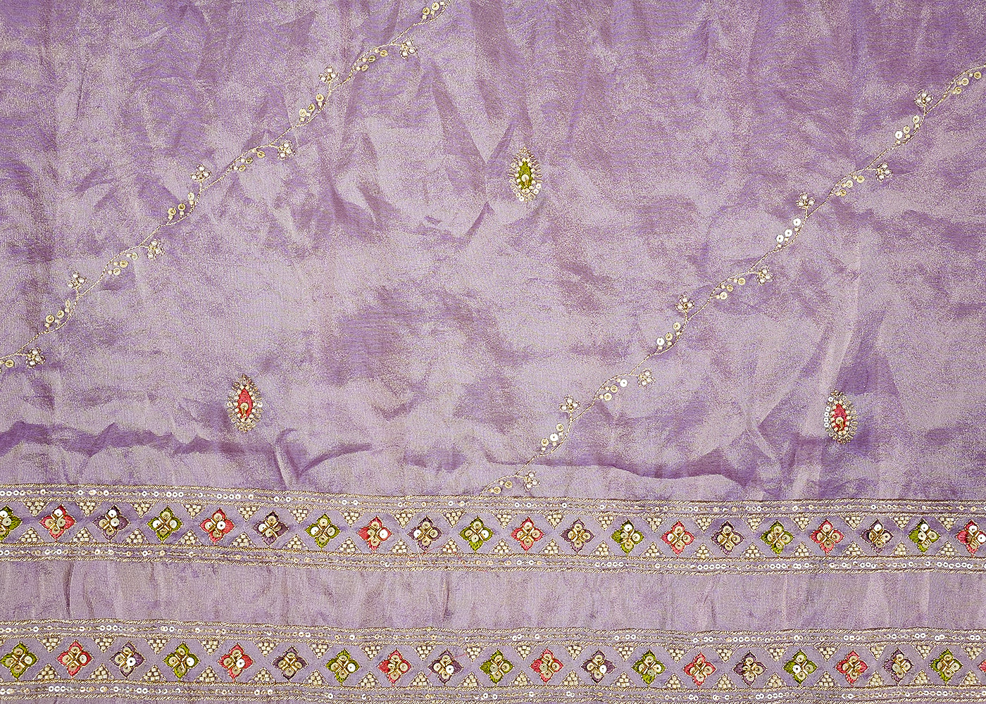 Lavender Opulent Tissue Dupatta with Zari, Multicolor Thread, Sequins, Bead, and Pearl Work