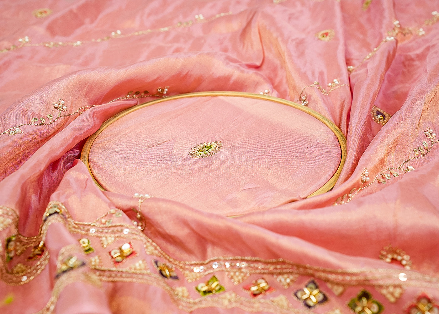 Light Pink Opulent Tissue Dupatta with Zari, Multicolor Thread, Sequins, Bead, and Pearl Work