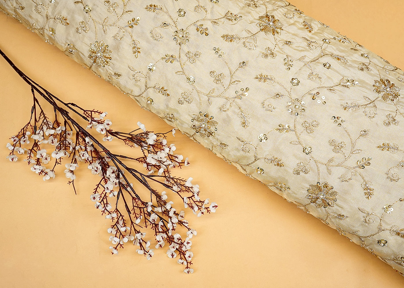 Floral Radiance Tissue Fabric with All-Over Zari, Sequins, and Kutdana Work