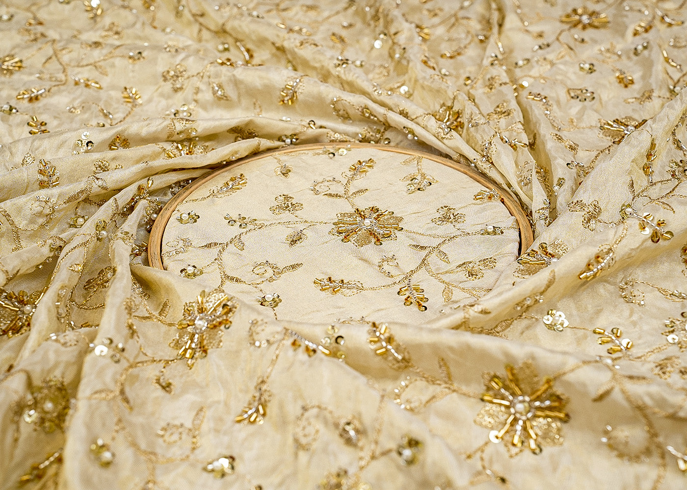 Floral Radiance Tissue Fabric with All-Over Zari, Sequins, and Kutdana Work