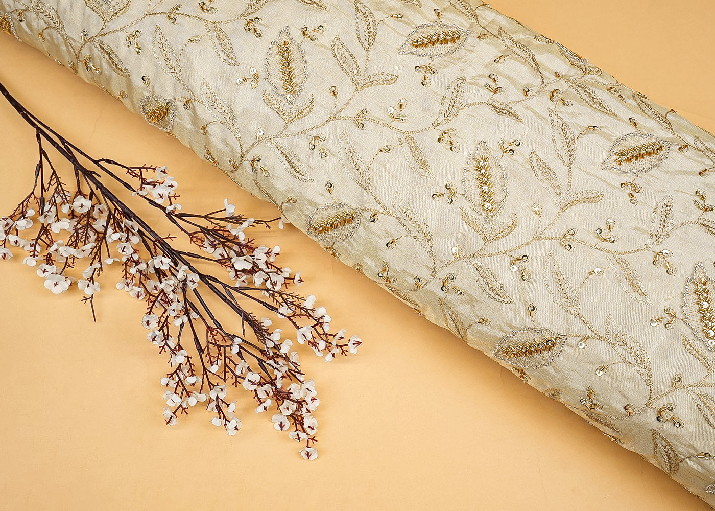 Floral Radiance Tissue Fabric with All-Over Zari, Sequins, and Kutdana Work