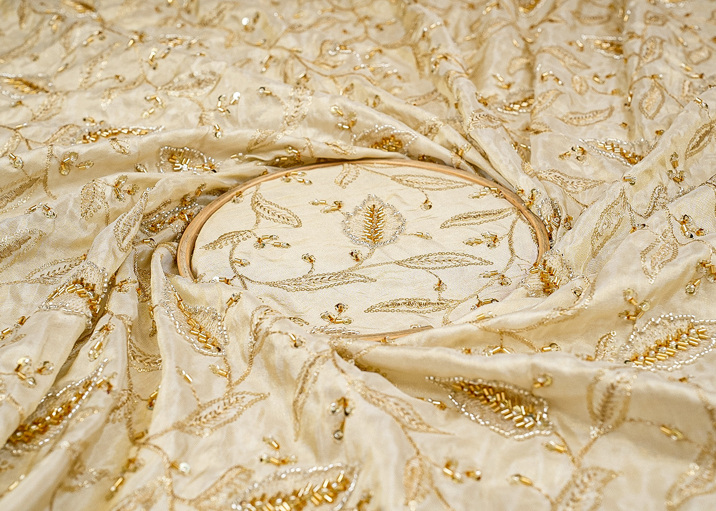 Floral Radiance Tissue Fabric with All-Over Zari, Sequins, and Kutdana Work