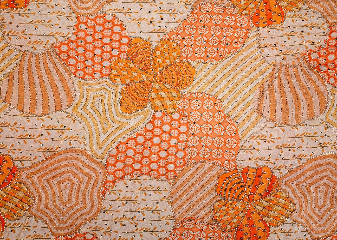 Orange Abstract Opulence Crepe Fabric with Mukesh, Zari, and Kutdana Work