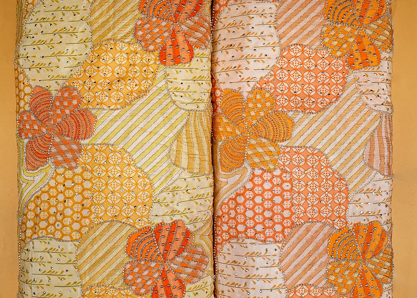 Orange Abstract Opulence Crepe Fabric with Mukesh, Zari, and Kutdana Work