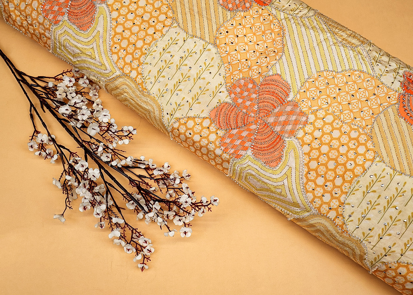 Lemon Abstract Opulence Crepe Fabric with Mukesh, Zari, and Kutdana Work