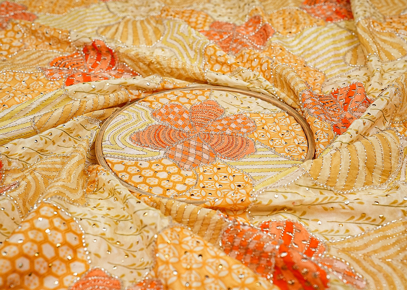 Lemon Abstract Opulence Crepe Fabric with Mukesh, Zari, and Kutdana Work