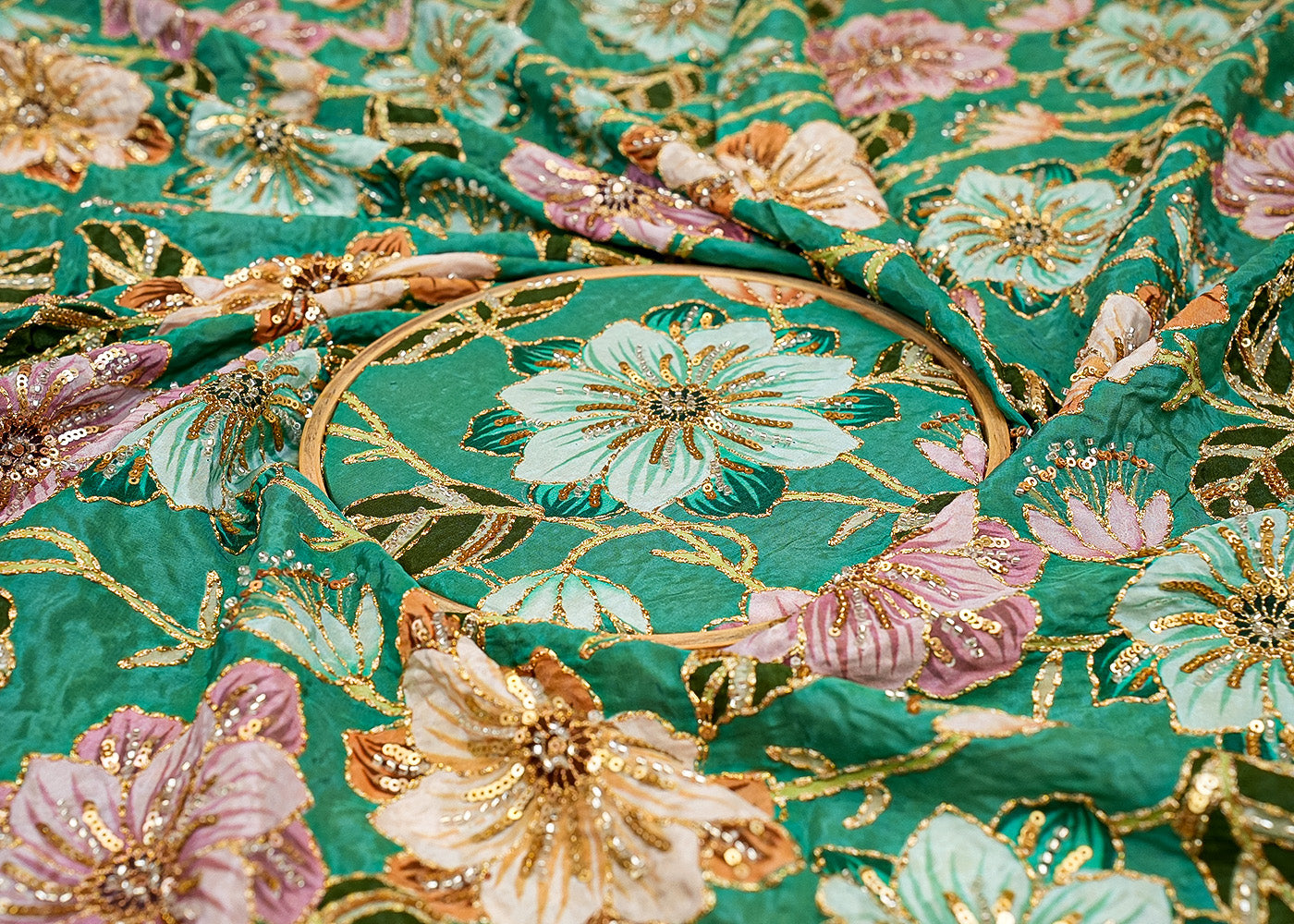 Green Floral Radiance Crepe Fabric with Zari, Sequins, and Kutdana Embellishments