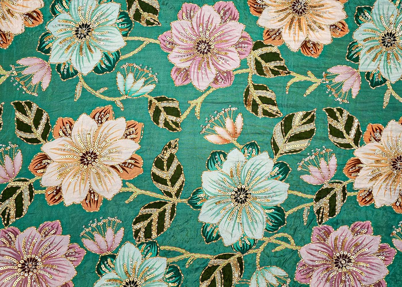 Green Floral Radiance Crepe Fabric with Zari, Sequins, and Kutdana Embellishments