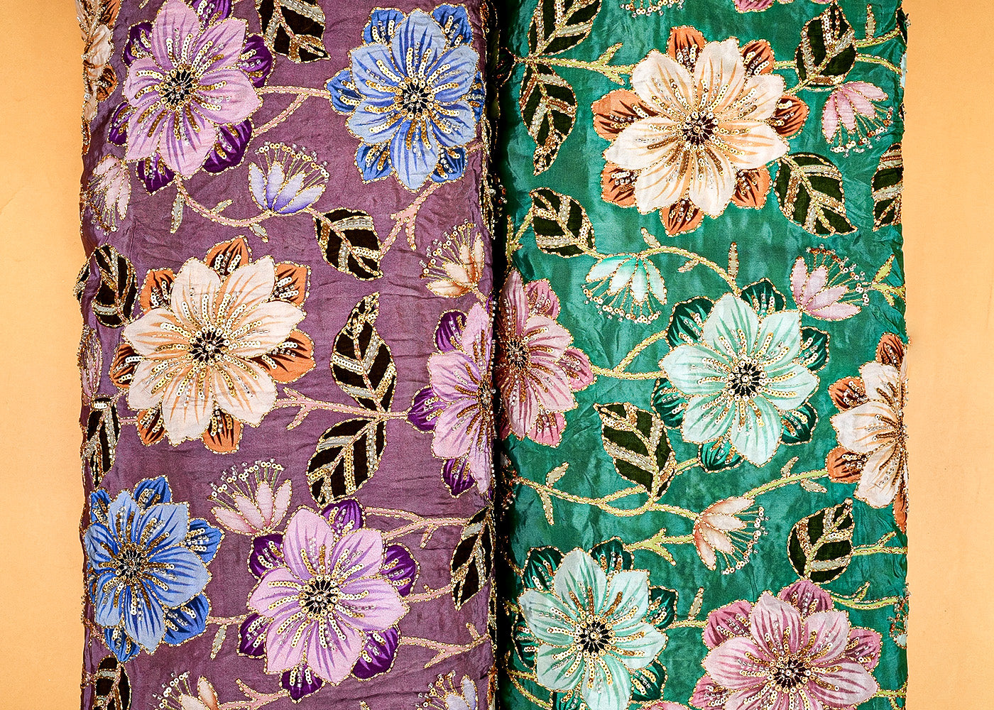 Green Floral Radiance Crepe Fabric with Zari, Sequins, and Kutdana Embellishments