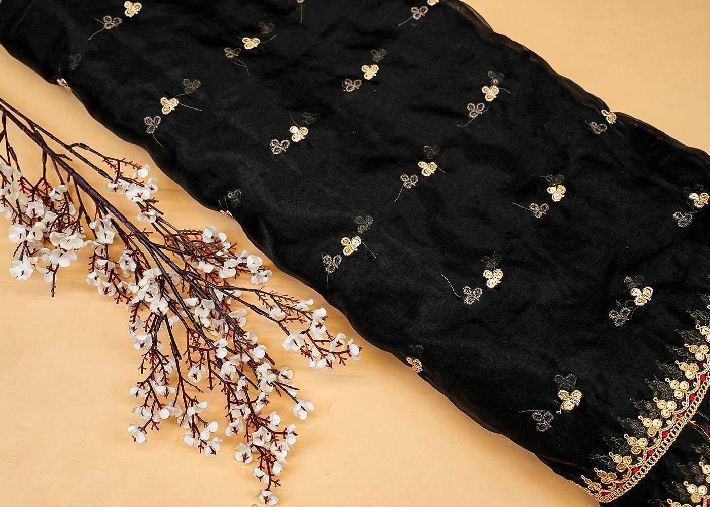 Black Shimmering Elegance Organza Dupatta with All-Over Sequins, Zari Buti, and Both-Side Borders