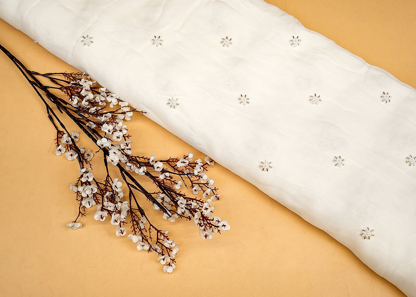 Essence Georgette Fabric with All-Over Buti of Pearls, Beads, and Kutdana Work