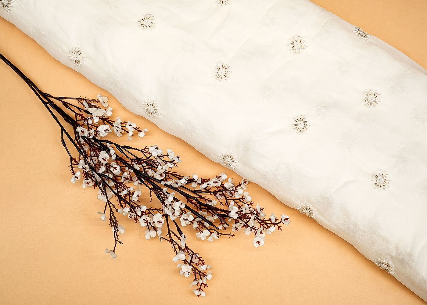 Essence Georgette Fabric with All-Over Buti of Pearls, Beads, and Kutdana Work