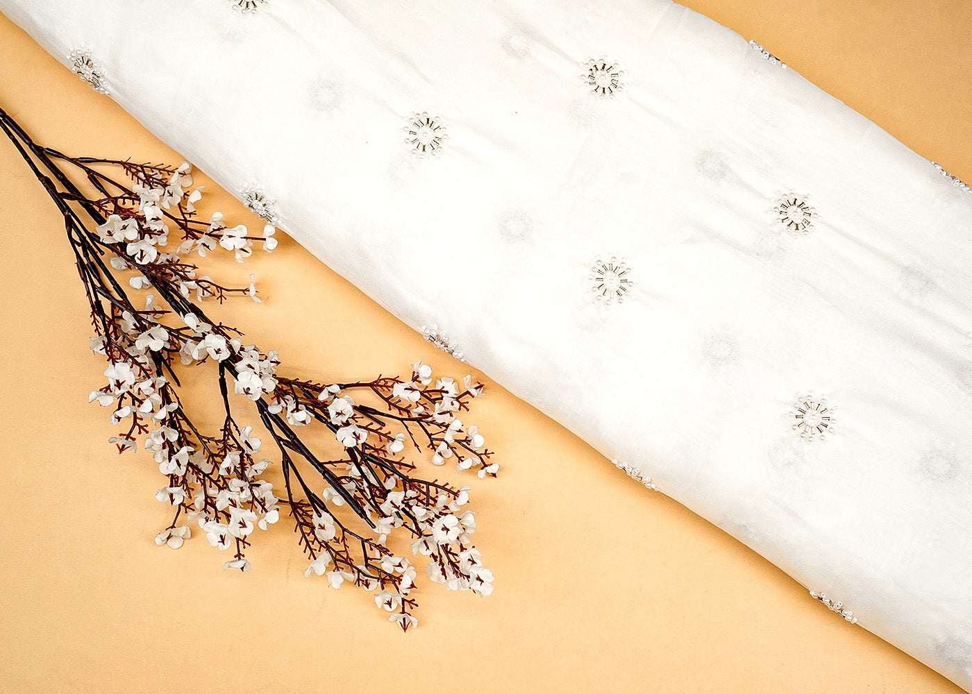 White Opulent Organza Fabric with All-Over Buti of Kutdana, Pearl, and Bead Work